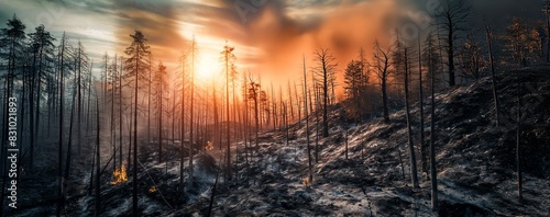 a forest ravaged by wildfire is depicted. Charred trees and smoldering ground bear witness to the devastation. photo