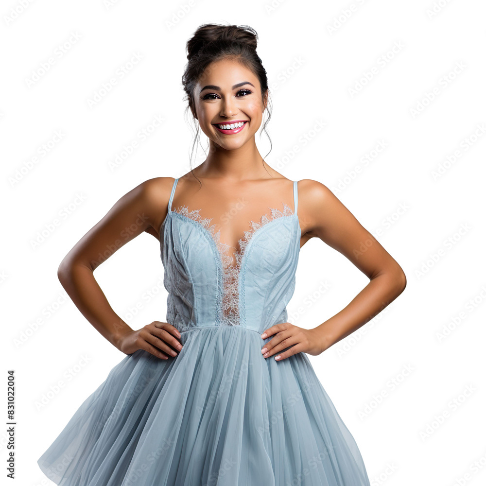 Front view mid shot of a beautiful Latin woman dressed in a powder blue ballerina-style dress, isolated on a white transparent background Front view mid shot of a beautiful Latin woman dressed in a powder blue ballerina-style dress, isolated on a white transparent background