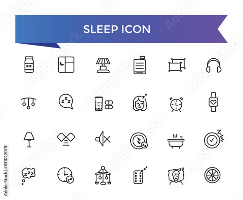 Sleep icon collection. Related to sleeping, bedroom, dream, pillow, bed, alarm clock, insomnia, night, rest and sleep disorders icons. Line icon set.