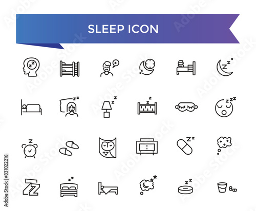 Sleep icon collection. Related to sleeping, bedroom, dream, pillow, bed, alarm clock, insomnia, night, rest and sleep disorders icons. Line icon set.