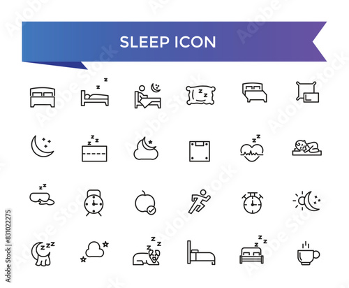 Sleep icon collection. Related to sleeping, bedroom, dream, pillow, bed, alarm clock, insomnia, night, rest and sleep disorders icons. Line icon set.