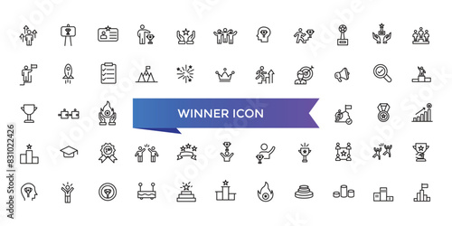 Winner icon collection. Related to victory, success, prize, celebration, podium, win money, finish line and trophy icons. Line icon set.