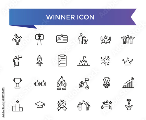 Winner icon collection. Related to victory, success, prize, celebration, podium, win money, finish line and trophy icons. Line icon set.