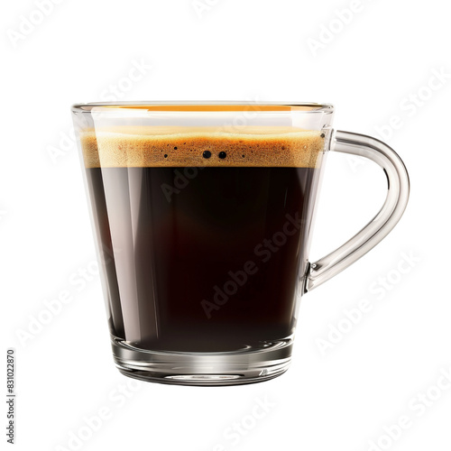 A steaming cup of espresso in a clear glass mug with a handle.  The coffee is dark and rich