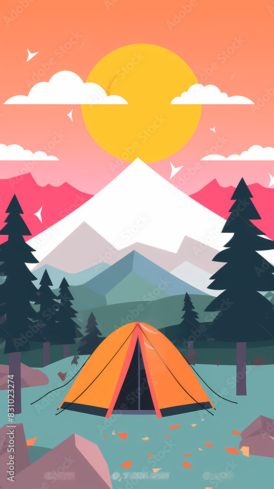 Vector camping tent in the forest.Summer camp with bonfire, tent, backpack . cartoon landscape with mountain, forest and campsite. Vector camping tent in the forest.Summer camp with bonfire, tent, backpack . cartoon landscape with mountain, forest and campsite.