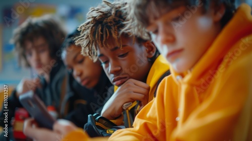 Young Multiracial Teenage Friends Focused on Their Smartphones Outdoors. Generative ai