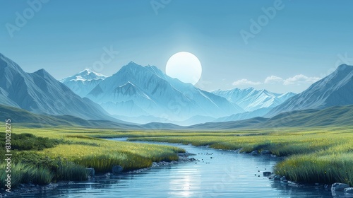 An illustration of a peaceful mountain landscape with a clear blue sky and a calm river flowing through the valley. The minimalist style focuses on the beauty and tranquility of the scene, making it