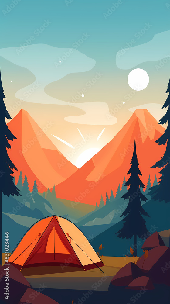 Vector camping tent in the forest.Summer camp with bonfire, tent, backpack . cartoon landscape with mountain, forest and campsite. Vector camping tent in the forest.Summer camp with bonfire, tent, backpack . cartoon landscape with mountain, forest and campsite.