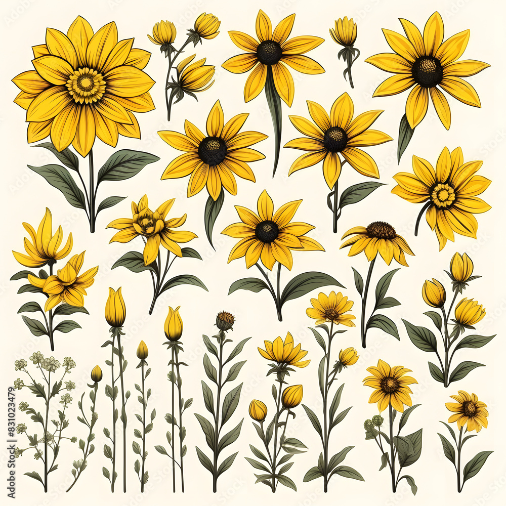 set of Rudbeckia, plants, leaves and flowers. illustrations of beautiful realistic flowers for background, pattern or wedding invitations