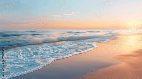 An illustration of a tranquil beach at sunset  with a gentle wave washing up on the shore and a clear sky. The minimalist design emphasizes the simplicity and peacefulness of the scene  making it