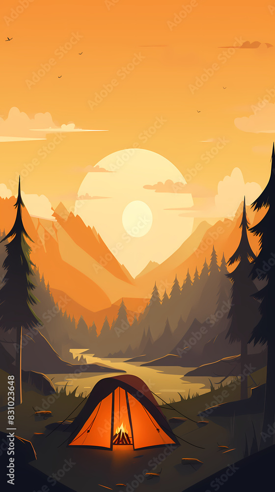 Vector camping tent in the forest.Summer camp with bonfire, tent, backpack . cartoon landscape with mountain, forest and campsite. Vector camping tent in the forest.Summer camp with bonfire, tent, backpack . cartoon landscape with mountain, forest and campsite.
