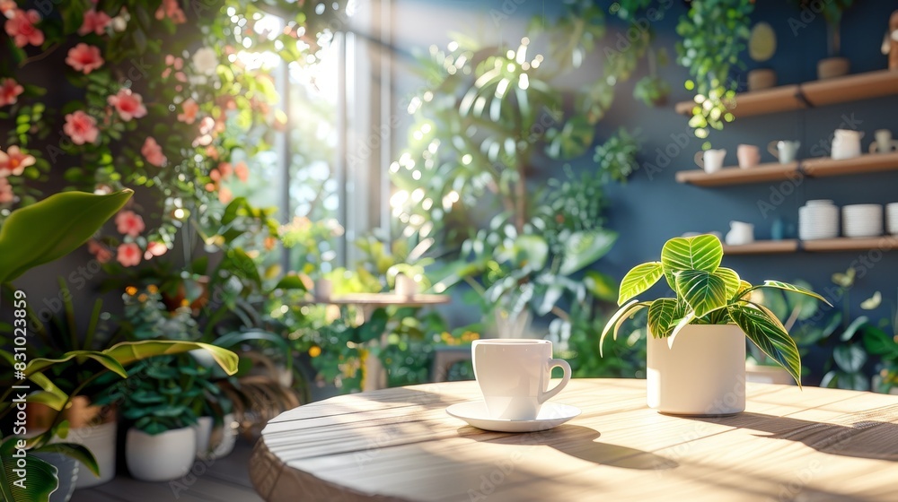 Coffee cup on table with garden view, time-lapse 4k footage at tranquil cafe setting Coffee cup on table with garden view, time-lapse 4k footage at tranquil cafe setting