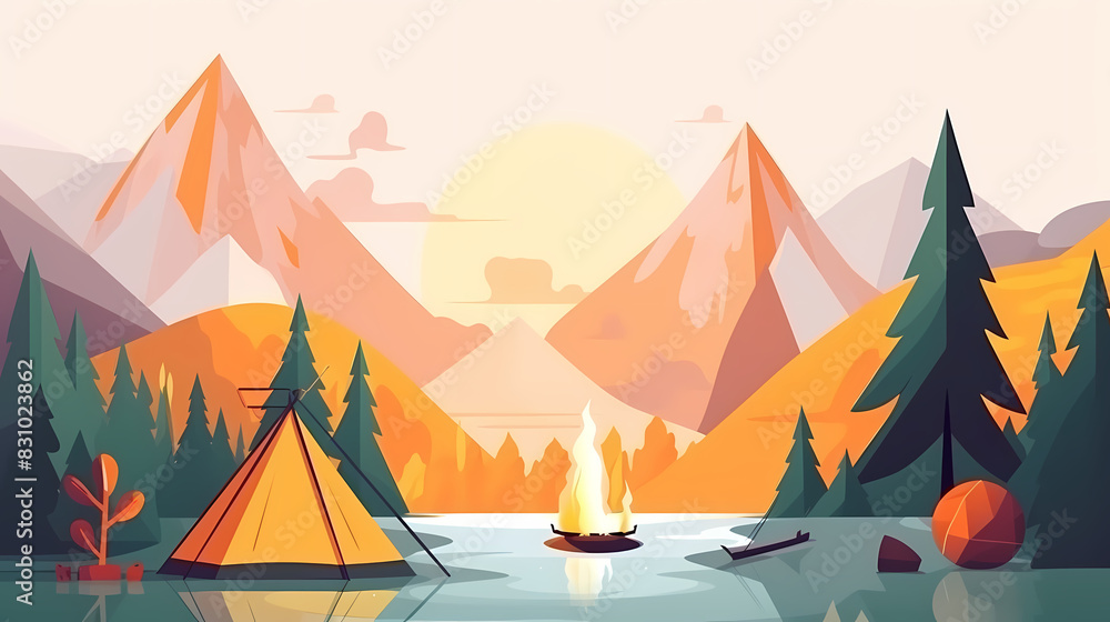 Fototapeta premium Vector camping tent in the forest.Summer camp with bonfire, tent, backpack . cartoon landscape with mountain, forest and campsite.