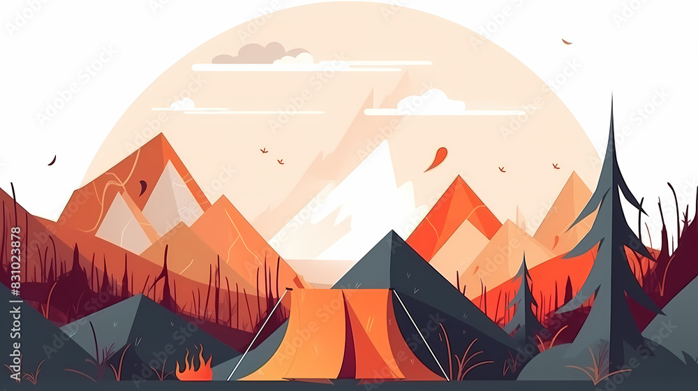 Fototapeta premium Vector camping tent in the forest.Summer camp with bonfire, tent, backpack . cartoon landscape with mountain, forest and campsite.