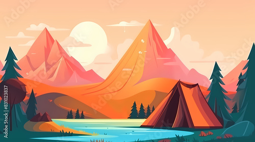 Vector camping tent in the forest.Summer camp with bonfire  tent  backpack . cartoon landscape with mountain  forest and campsite.