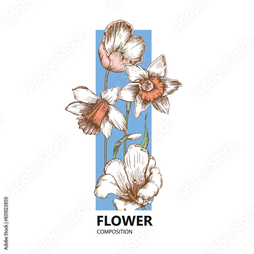 Floristic composition. Rowan and flowers. Sketch graphics. Botany.