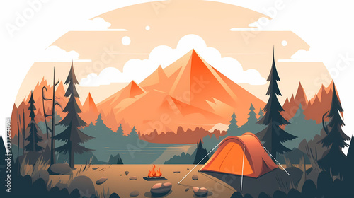 Vector camping tent in the forest.Summer camp with bonfire  tent  backpack . cartoon landscape with mountain  forest and campsite.