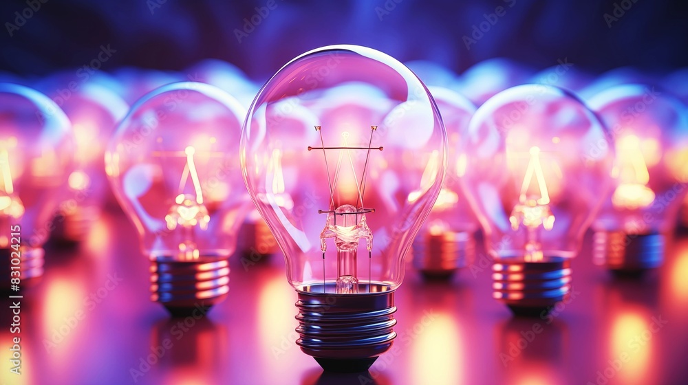 Glowing light bulb against the background of other light bulbs, concept of energy, electrical lighting Glowing light bulb against the background of other light bulbs, concept of energy, electrical lighting