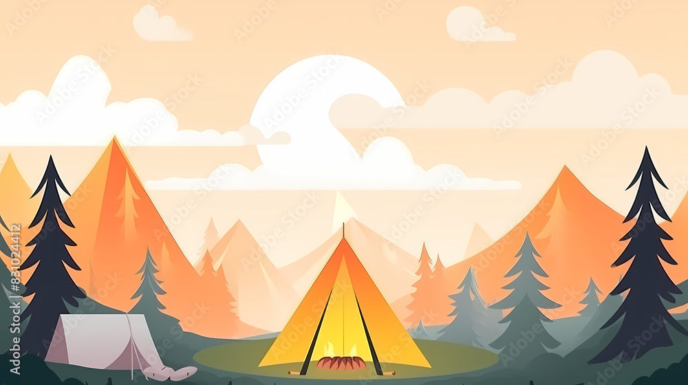 Vector camping tent in the forest.Summer camp with bonfire, tent, backpack . cartoon landscape with mountain, forest and campsite. Vector camping tent in the forest.Summer camp with bonfire, tent, backpack . cartoon landscape with mountain, forest and campsite.