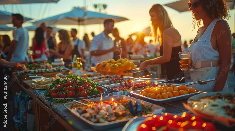 Fototapeta premium Festive Outdoor Dinner Party with Friends Enjoying Food and String Lights. Generative ai