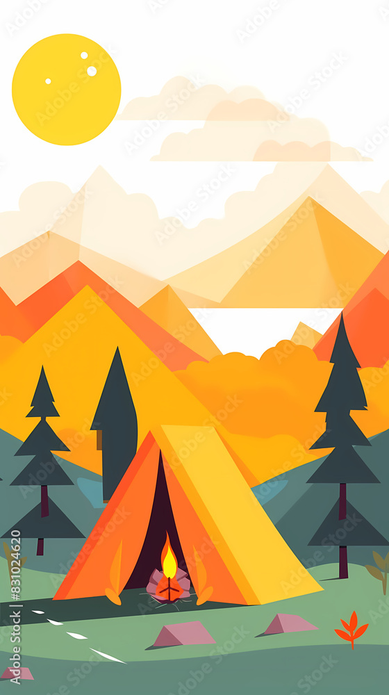 Vector camping tent in the forest.Summer camp with bonfire, tent, backpack . cartoon landscape with mountain, forest and campsite. Vector camping tent in the forest.Summer camp with bonfire, tent, backpack . cartoon landscape with mountain, forest and campsite.