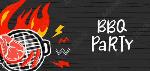 BBQ poster, restaurant grill flyer, vintage barbecue template with grunge outdoor grill. Hot Fire Flame Illustration. Meat On Fire Barbecue. Vector illustration