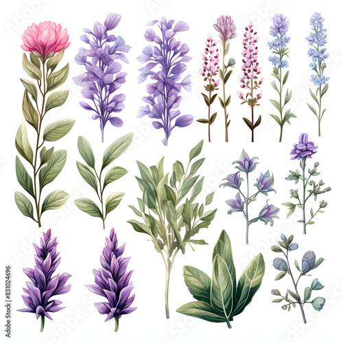 set of Salvia, plants, leaves and flowers. illustrations of beautiful realistic flowers for background, pattern or wedding invitations