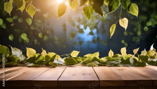 Backdrop e mesa com folhas de árvore photo