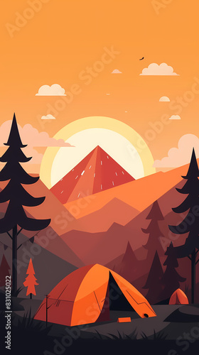 Vector camping tent in the forest.Summer camp with bonfire, tent, backpack . cartoon landscape with mountain, forest and campsite. © ak159715