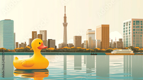 A big yellow inflatable rubber duck floats on the river in front of city skyline