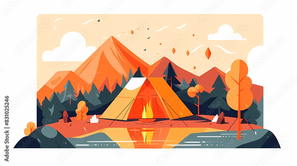 Vector camping tent in the forest.Summer camp with bonfire, tent, backpack . cartoon landscape with mountain, forest and campsite. Vector camping tent in the forest.Summer camp with bonfire, tent, backpack . cartoon landscape with mountain, forest and campsite.