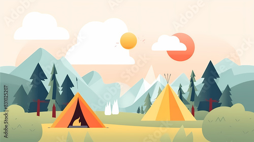 Vector camping tent in the forest.Summer camp with bonfire  tent  backpack . cartoon landscape with mountain  forest and campsite.