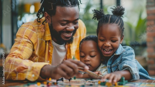 Happy African American Family Playing Board Game at Home. Generative ai.