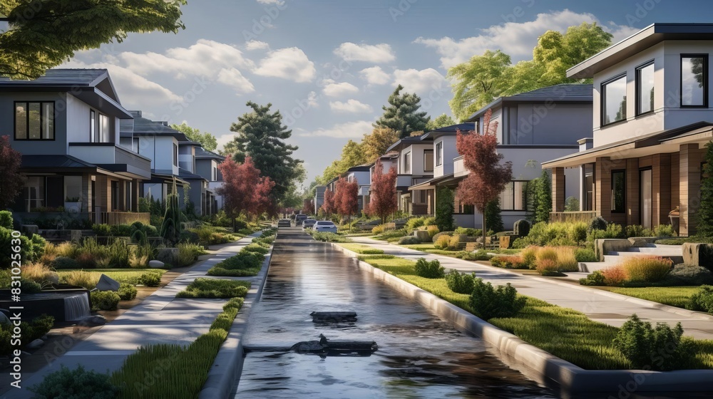 A suburban neighborhood with homes equipped with advanced rainwater harvesting systems A suburban neighborhood with homes equipped with advanced rainwater harvesting systems