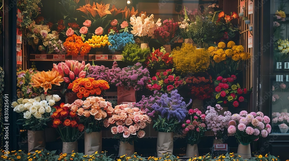 A florist organizing a display window, copy space, visual merchandising theme, vibrant, multilayer, storefront backdrop A florist organizing a display window, copy space, visual merchandising theme, vibrant, multilayer, storefront backdrop