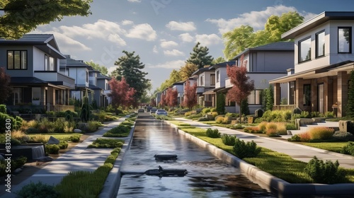 A suburban neighborhood with homes equipped with advanced rainwater harvesting systems