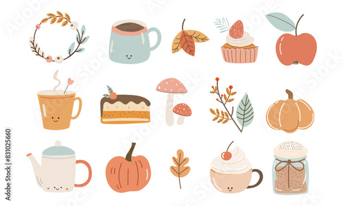 A flat vector illustration of cute pastel cozy autumn icons set. Coffee pot, mug with hot chocolate, apple, pumpkin, cake, jar with cookies, mushroom, branches.