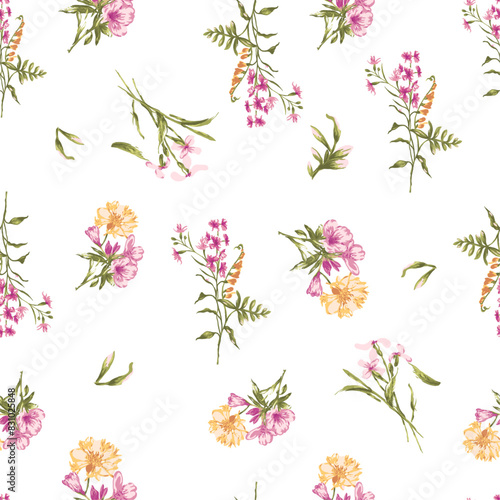 Watercolor hand drawn cute small flowers fashion seamless pattern pink and yellow colors. Print vector illustration.ai