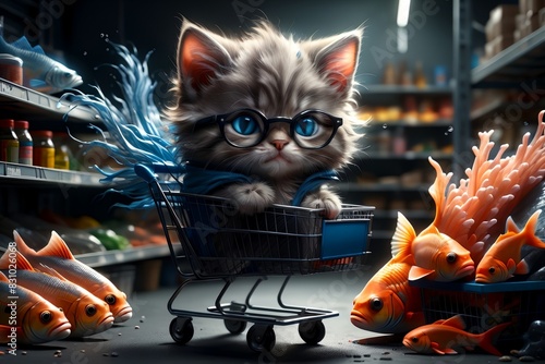 cute cat in a fish store with a shopping cart photo