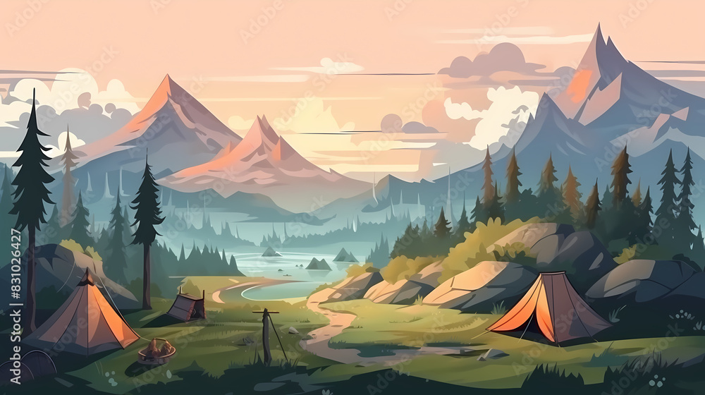 Vector camping tent in the forest.Summer camp with bonfire, tent ...