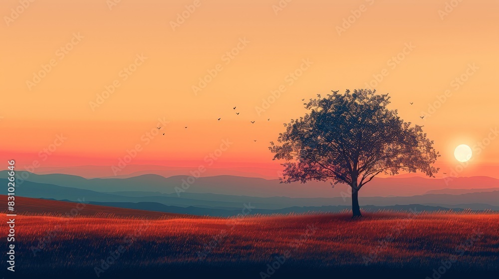 A minimalist digital artwork showcasing a cozy countryside landscape during sunset. The warm hues of the sky blend with the soft lighting to create a tranquil and inviting scene. The serene
