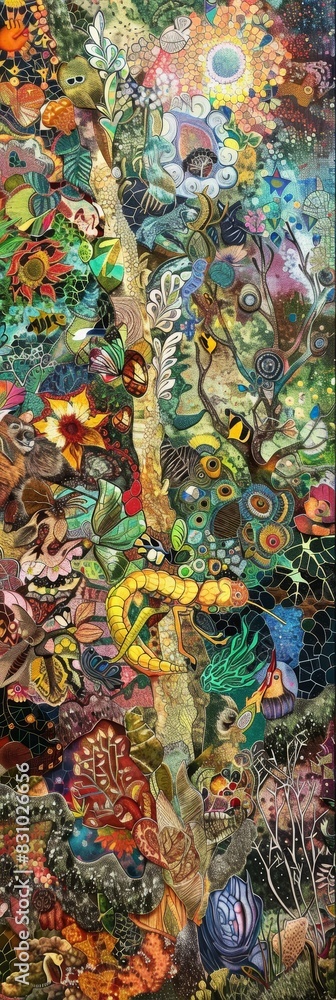 Diversity of life on Earth, using a mosaic of colors and shapes to depict various species and ecosystems in a complex, interconnected web, ai generated