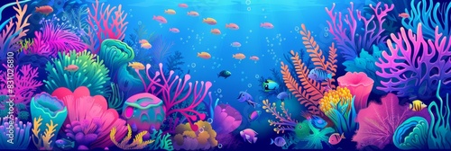 The ocean and underwater world with different inhabitants. Marine Life Landscape. Sea world