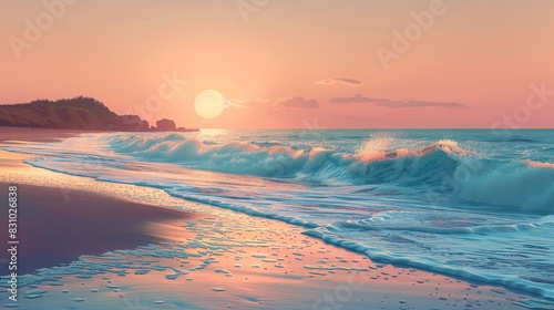 A tranquil beach scene at golden hour, illustrated with cozy colors and warm tones. The gentle waves and serene environment are bathed in the soft glow of the setting sun, creating an inviting and © taelefoto