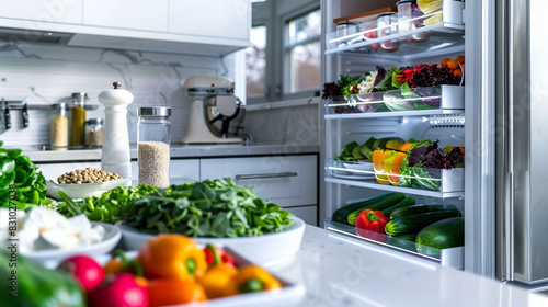 A pristine open fridge showcasing colorful salads, dairy, and fresh produce in a contemporary kitchen setting