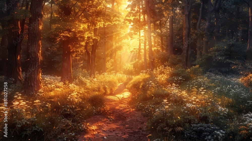 Fototapeta premium A cozy forest path at golden hour, illustrated with warm tones and soft lighting. The tranquil ambiance and serene environment invite relaxation, with the golden hour glow highlighting the beauty of