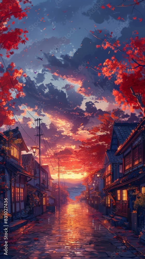 An illustration of a cozy village at sunset, featuring warm colors and soft lighting. The tranquil environment and inviting scenery create a serene and comfortable atmosphere, perfect for a digital