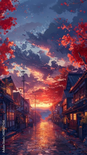 An illustration of a cozy village at sunset, featuring warm colors and soft lighting. The tranquil environment and inviting scenery create a serene and comfortable atmosphere, perfect for a digital