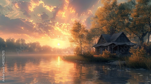 A digital artwork depicting a cozy lakeside cabin during golden hour. The warm tones of the setting sun cast a serene glow over the tranquil environment, creating an inviting and peaceful scene. The