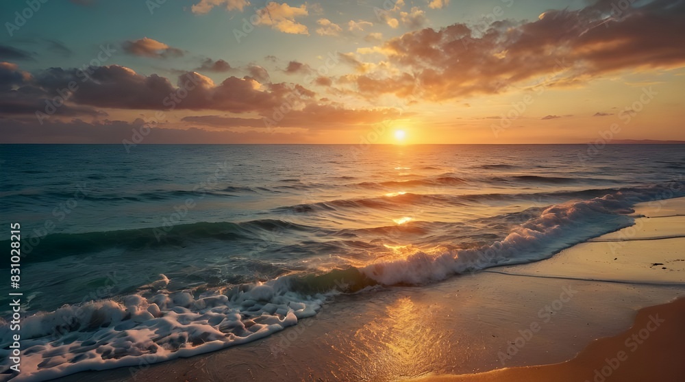 Sunrise over the sea, water waves, beautiful beach view.